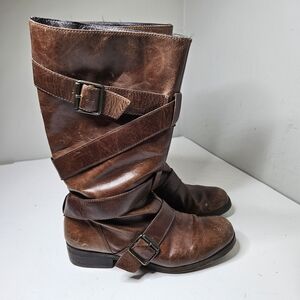 Pour La Victoire Leather Slouch Boots Buckle Straps Brown 7.5 Women's